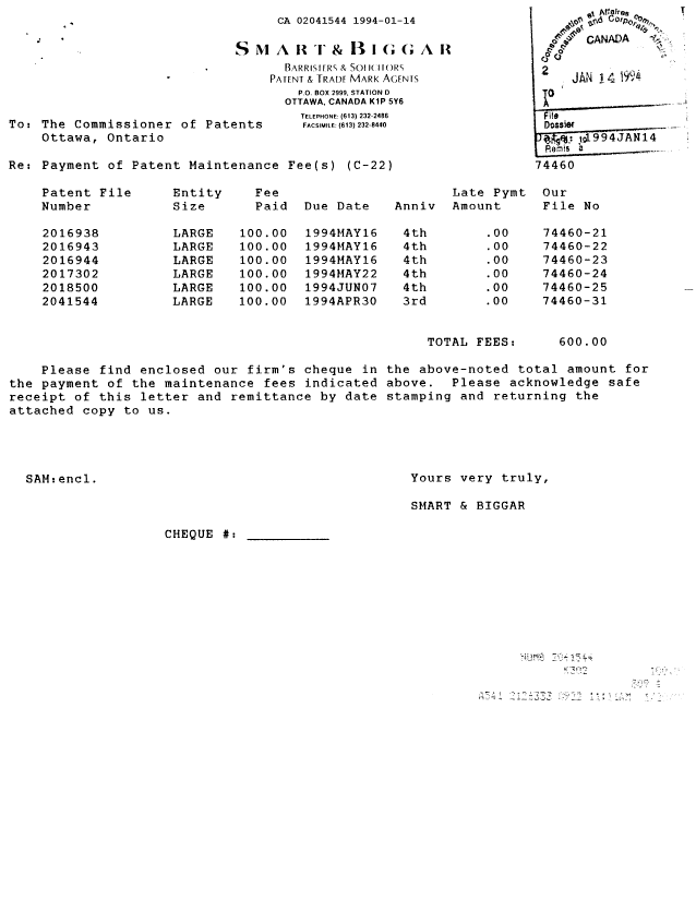 Canadian Patent Document 2041544. Fees 19940114. Image 1 of 1