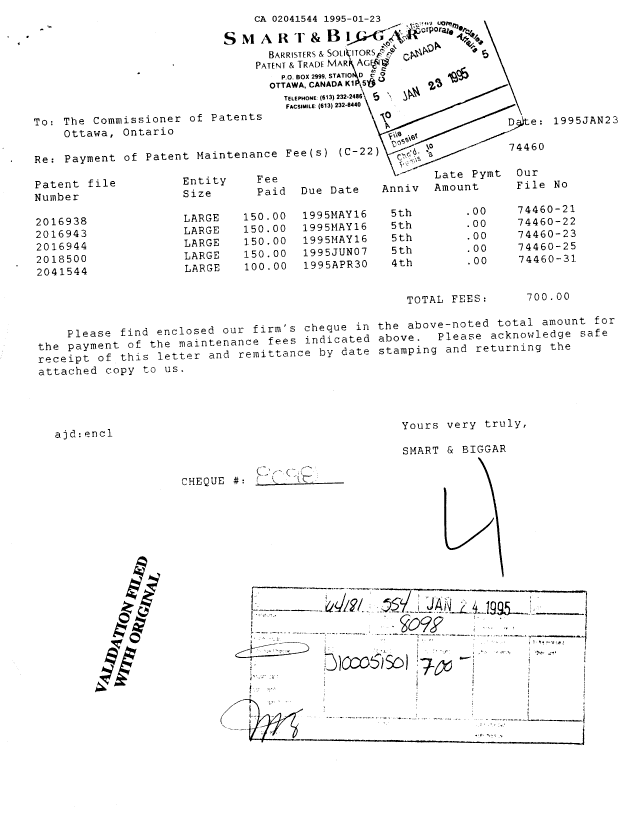 Canadian Patent Document 2041544. Fees 19950123. Image 1 of 1