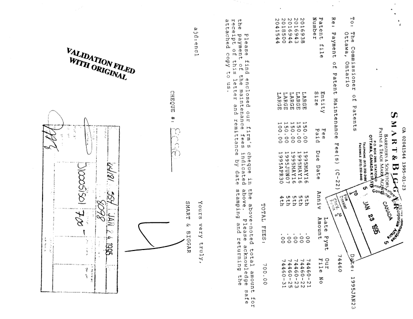 Document de brevet canadien 2041544. Taxes 19950123. Image 1 de 1