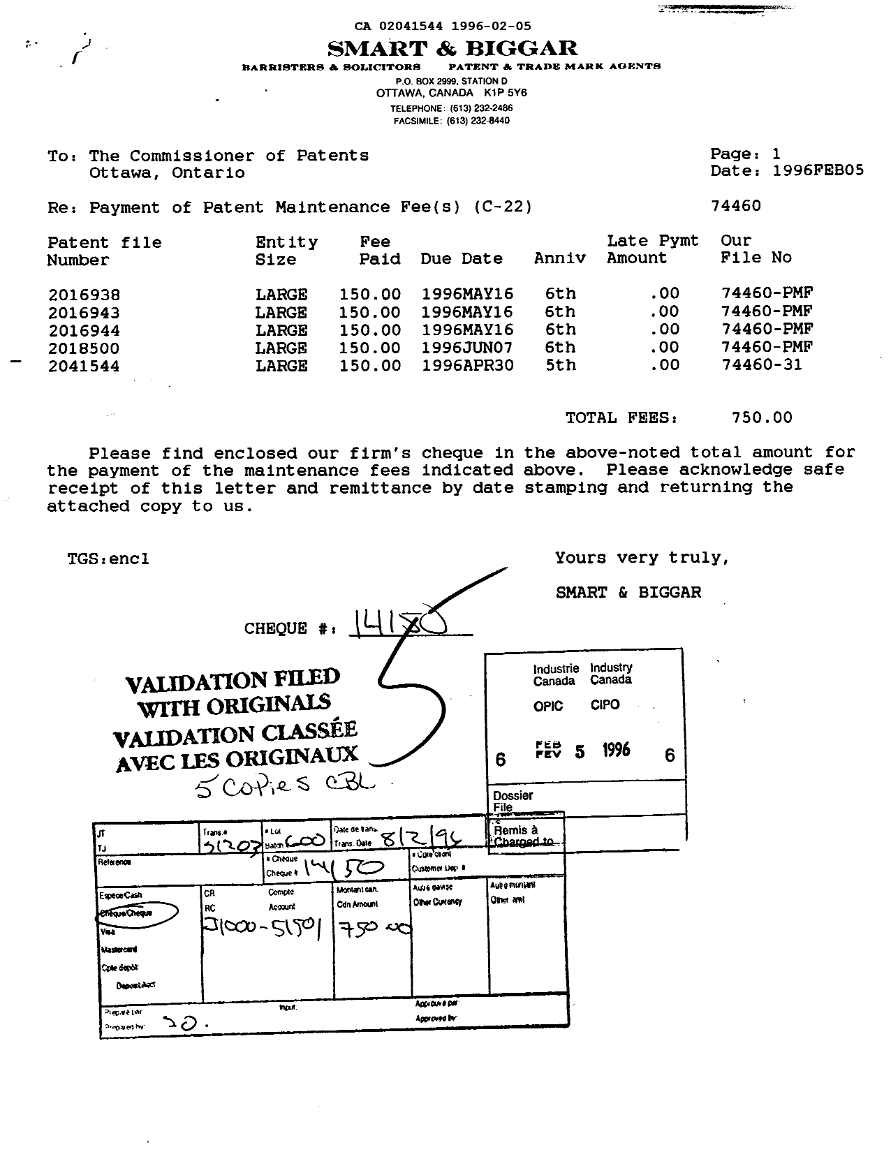 Document de brevet canadien 2041544. Taxes 19960205. Image 1 de 1