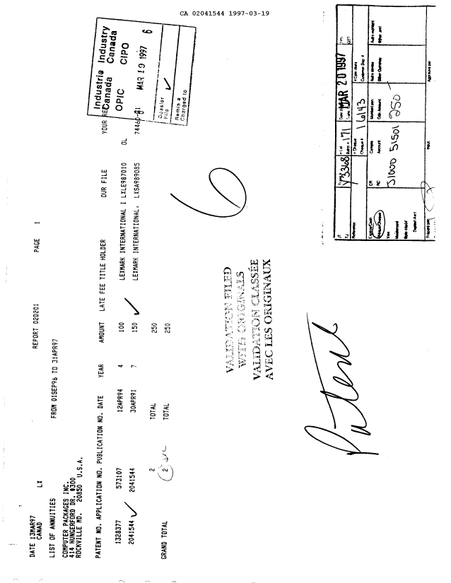 Canadian Patent Document 2041544. Fees 19970319. Image 1 of 1