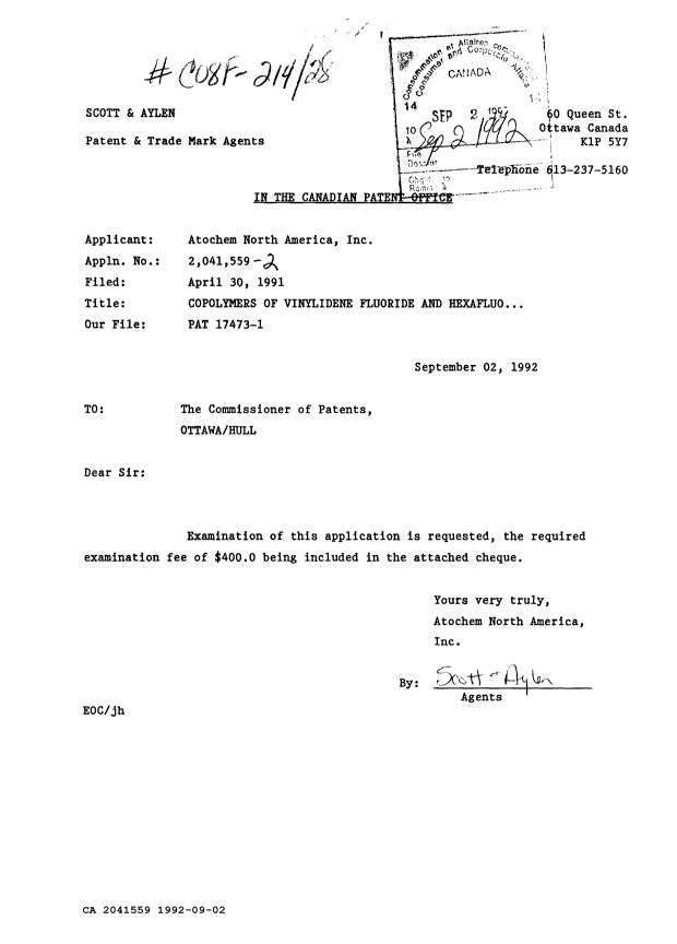 Document de brevet canadien 2041559. Correspondance de la poursuite 19920902. Image 1 de 1