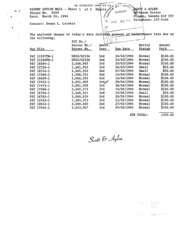 Document de brevet canadien 2041559. Taxes 19940324. Image 1 de 1