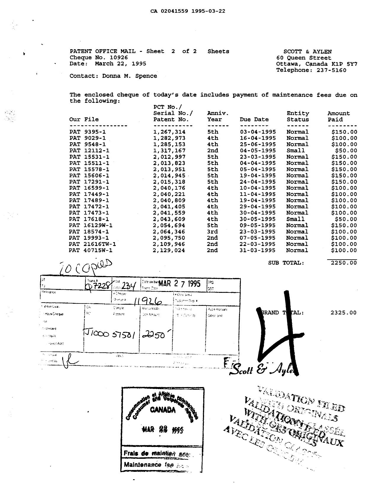 Canadian Patent Document 2041559. Fees 19950322. Image 1 of 1