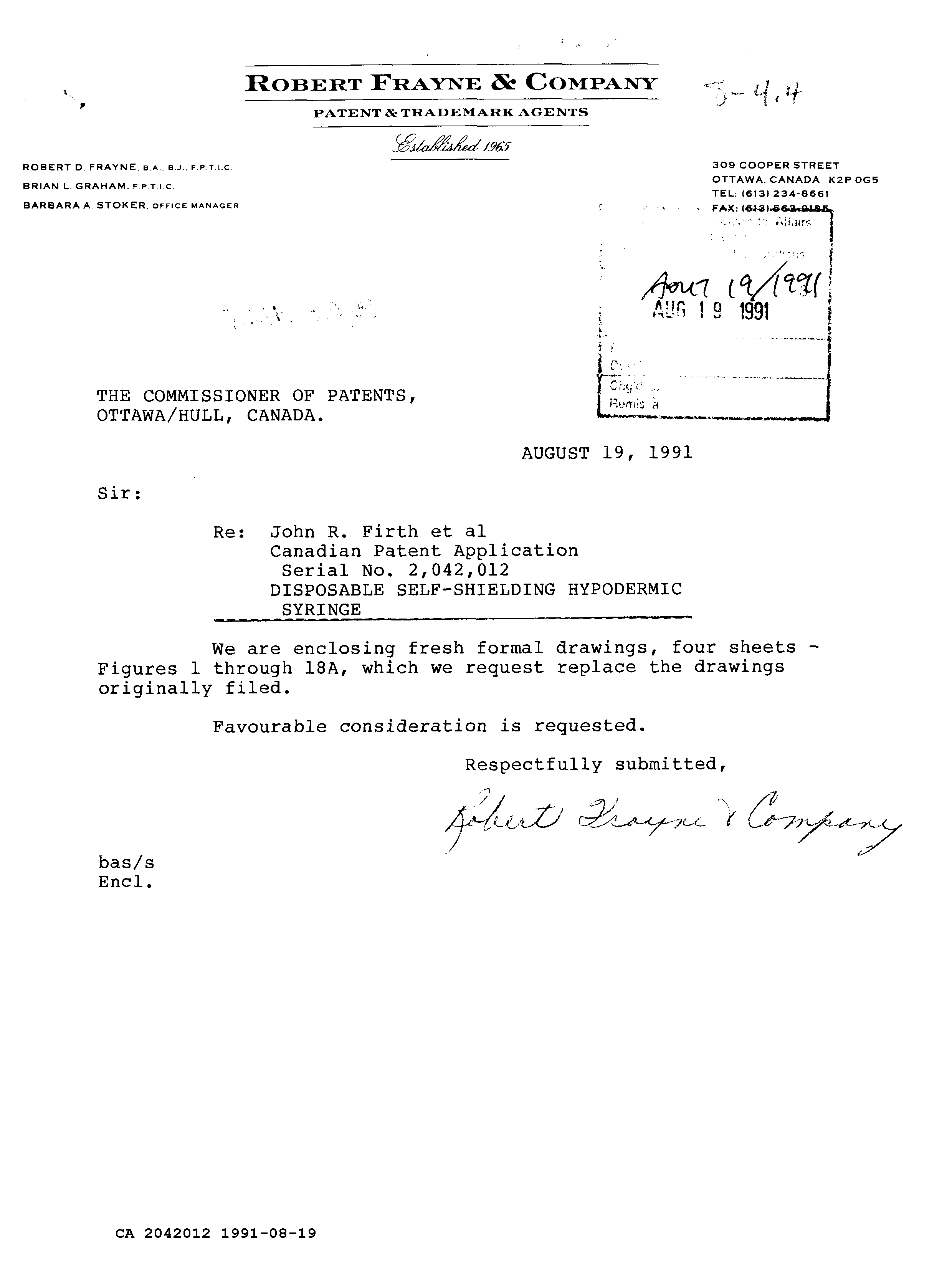 Canadian Patent Document 2042012. Prosecution Correspondence 19910819. Image 1 of 1
