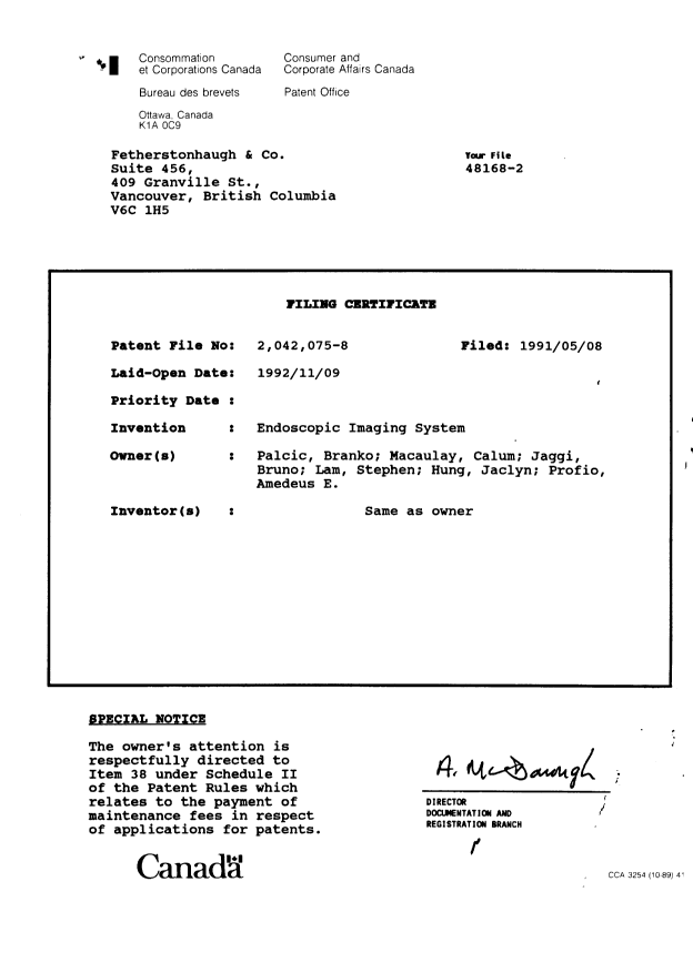 Document de brevet canadien 2042075. Cession 19910508. Image 13 de 13