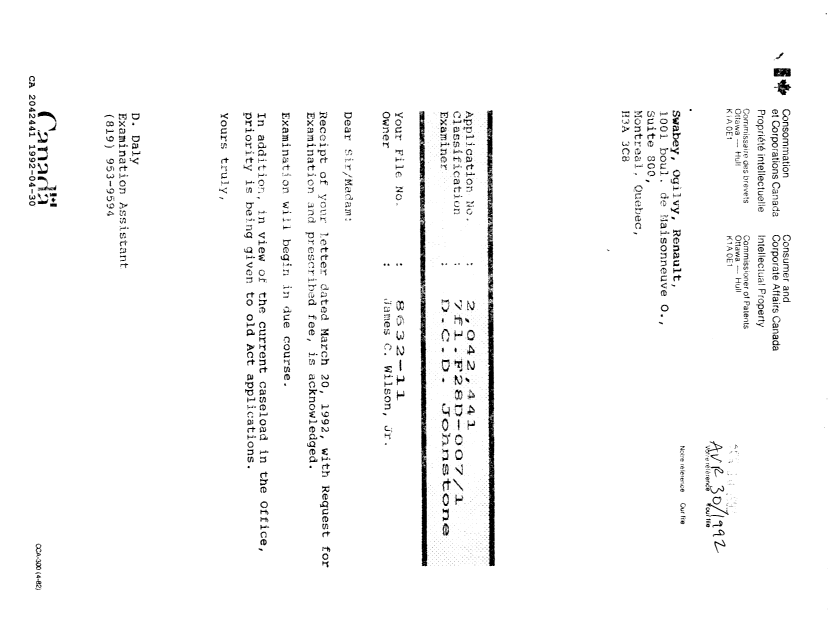 Document de brevet canadien 2042441. Lettre du bureau 19920430. Image 1 de 1