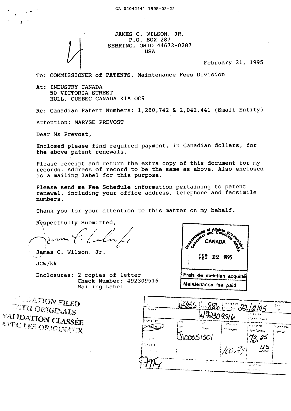 Document de brevet canadien 2042441. Taxes 19950222. Image 1 de 1