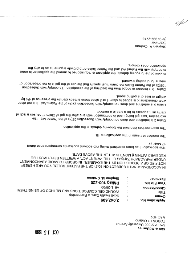 Canadian Patent Document 2042609. Prosecution-Amendment 19991015. Image 1 of 1