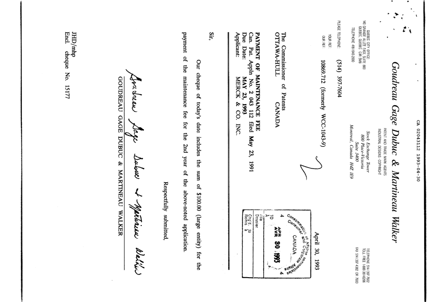 Document de brevet canadien 2043112. Taxes 19930430. Image 1 de 1