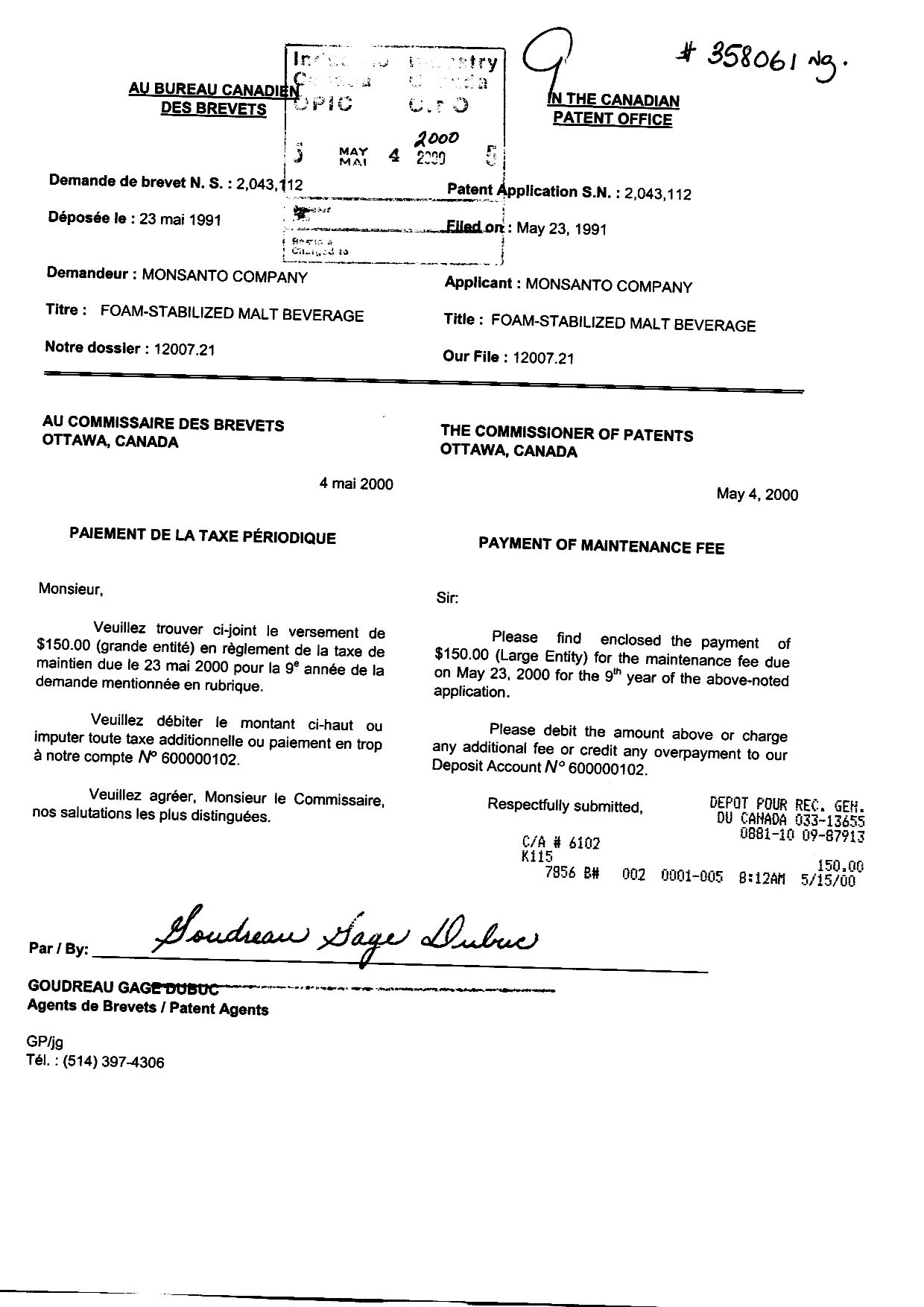 Document de brevet canadien 2043112. Taxes 20000504. Image 1 de 1