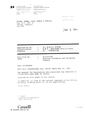 Document de brevet canadien 2043598. Lettre du bureau 19920106. Image 1 de 1