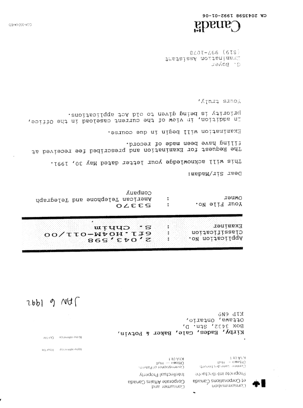 Canadian Patent Document 2043598. Office Letter 19920106. Image 1 of 1