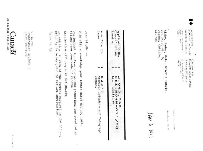 Document de brevet canadien 2043598. Lettre du bureau 19920106. Image 1 de 1