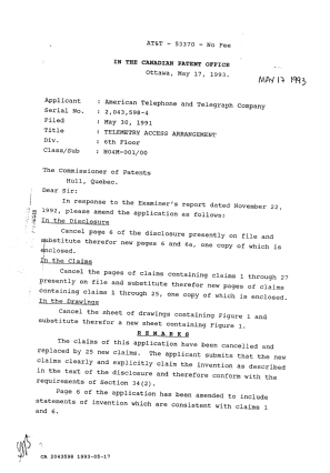 Document de brevet canadien 2043598. Correspondance de la poursuite 19930517. Image 1 de 6