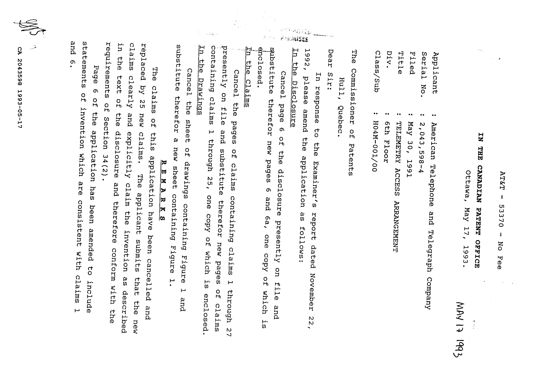 Canadian Patent Document 2043598. Prosecution Correspondence 19930517. Image 1 of 6
