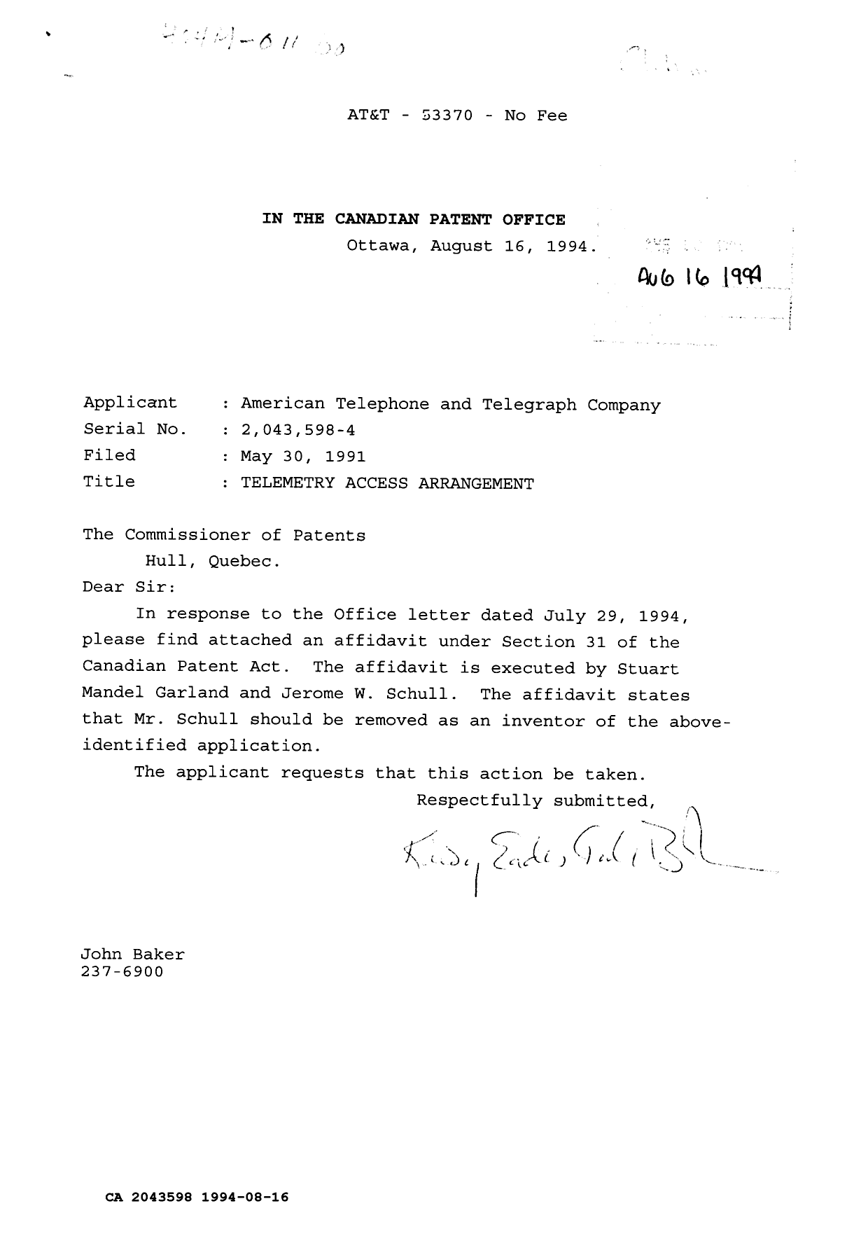 Document de brevet canadien 2043598. Correspondance reliée au PCT 19940816. Image 1 de 3