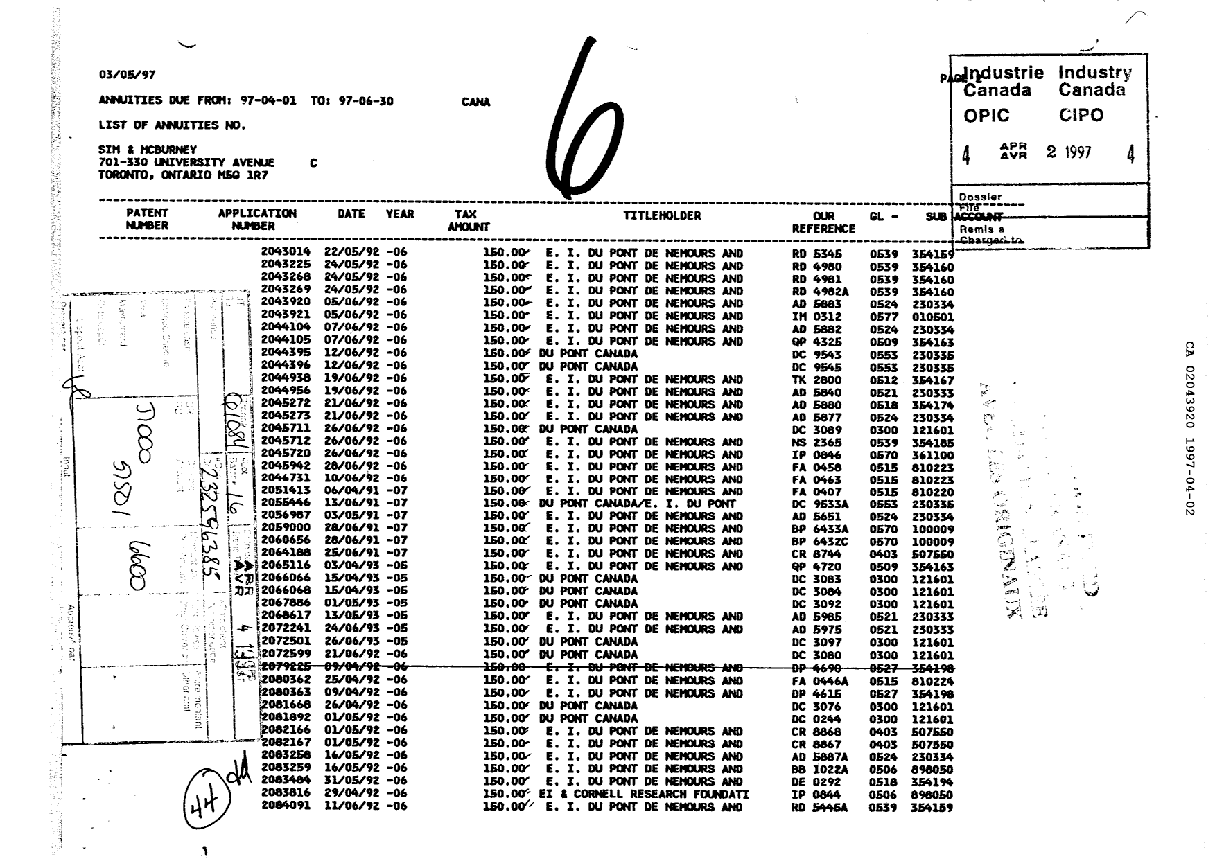 Document de brevet canadien 2043920. Taxes 19961202. Image 1 de 1