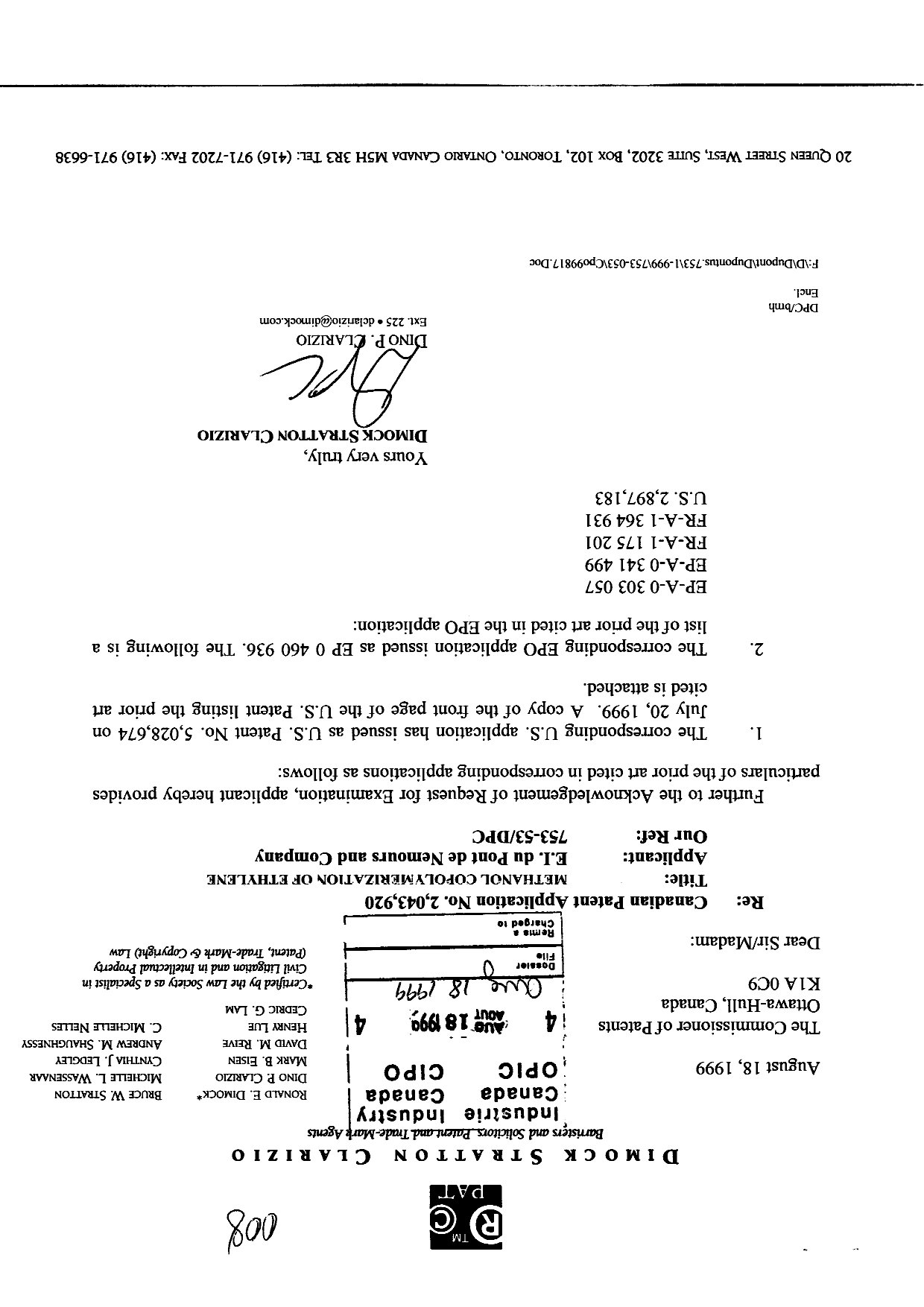 Canadian Patent Document 2043920. Prosecution-Amendment 19981218. Image 1 of 2
