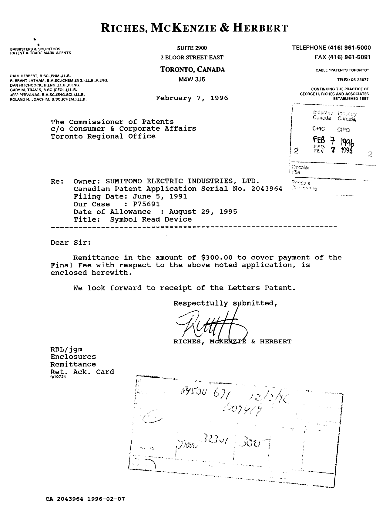 Document de brevet canadien 2043964. Correspondance reliée au PCT 19960207. Image 1 de 1