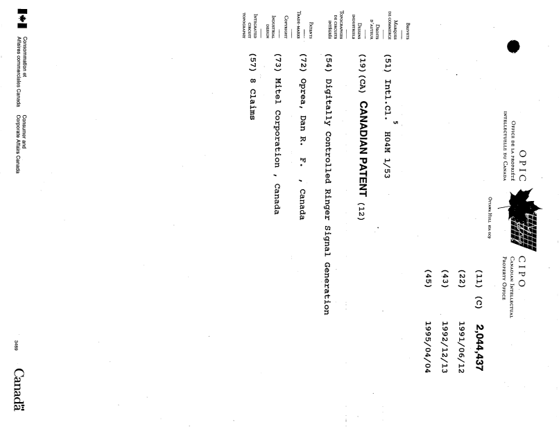 Document de brevet canadien 2044437. Page couverture 19941204. Image 1 de 1