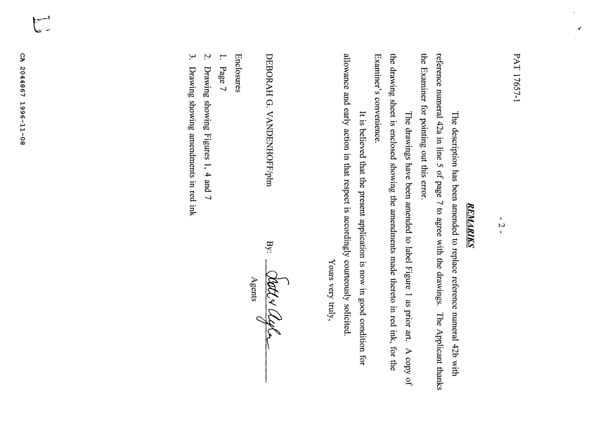 Canadian Patent Document 2044867. Prosecution Correspondence 19961108. Image 2 of 3