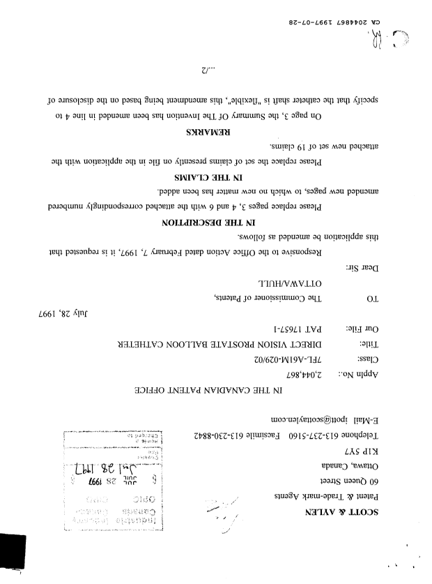 Canadian Patent Document 2044867. Prosecution Correspondence 19970728. Image 1 of 4