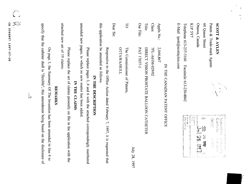 Document de brevet canadien 2044867. Correspondance de la poursuite 19970728. Image 1 de 4