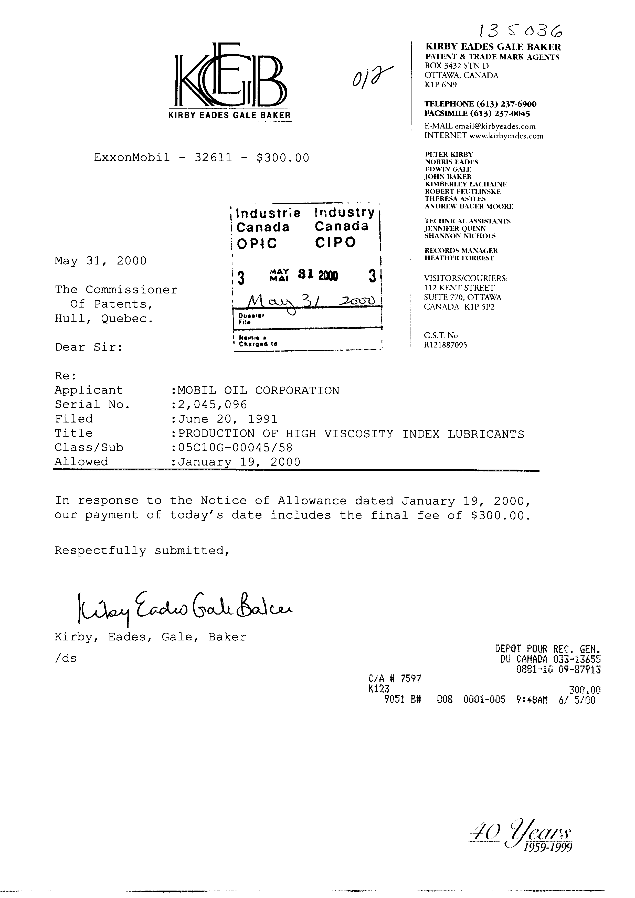 Canadian Patent Document 2045096. Correspondence 20000531. Image 1 of 1