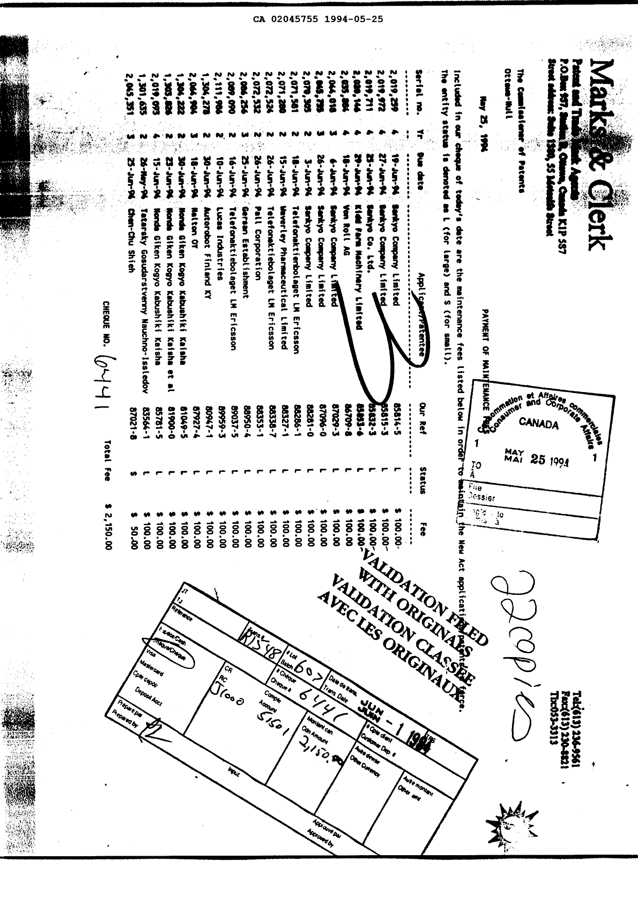 Document de brevet canadien 2045755. Taxes 19940525. Image 1 de 1