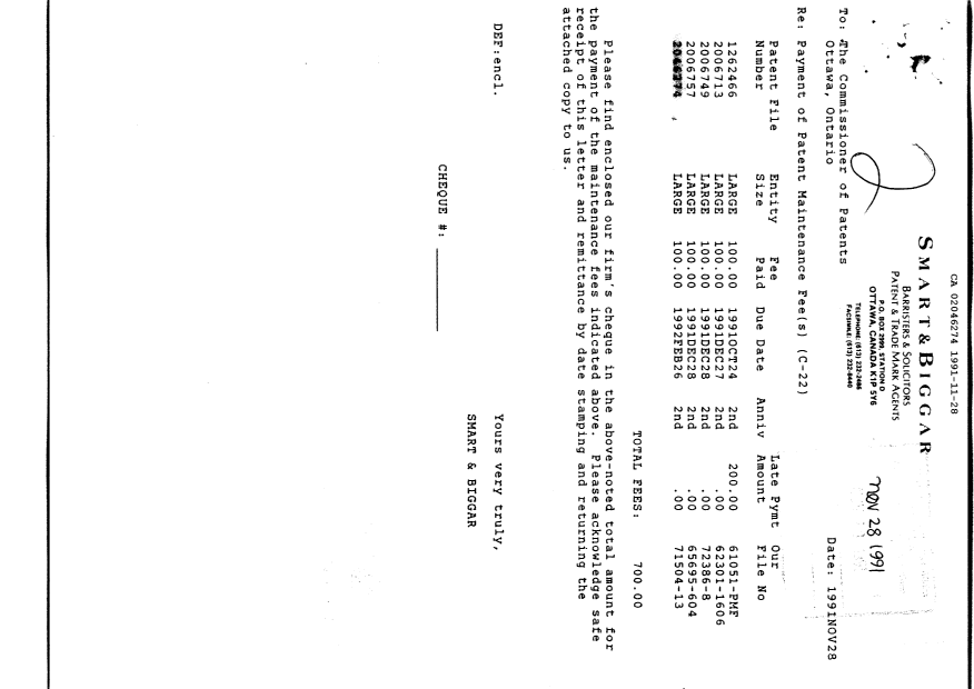 Document de brevet canadien 2046274. Taxes 19911128. Image 1 de 1