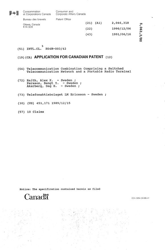 Document de brevet canadien 2046318. Page couverture 19940327. Image 1 de 1