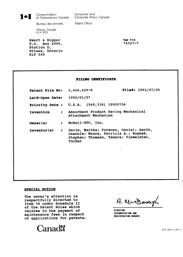 Canadian Patent Document 2046425. Assignment 19910705. Image 8 of 8