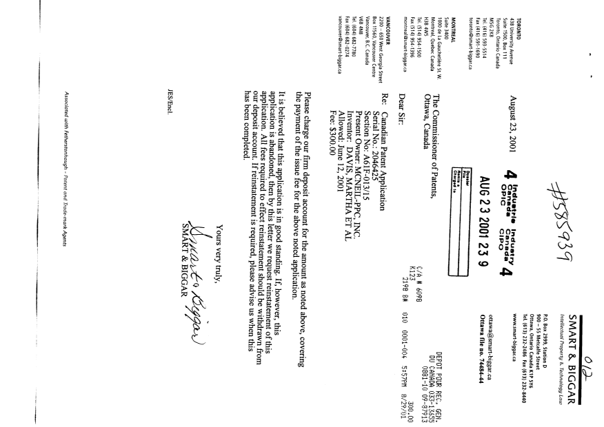 Canadian Patent Document 2046425. Correspondence 20010823. Image 1 of 1