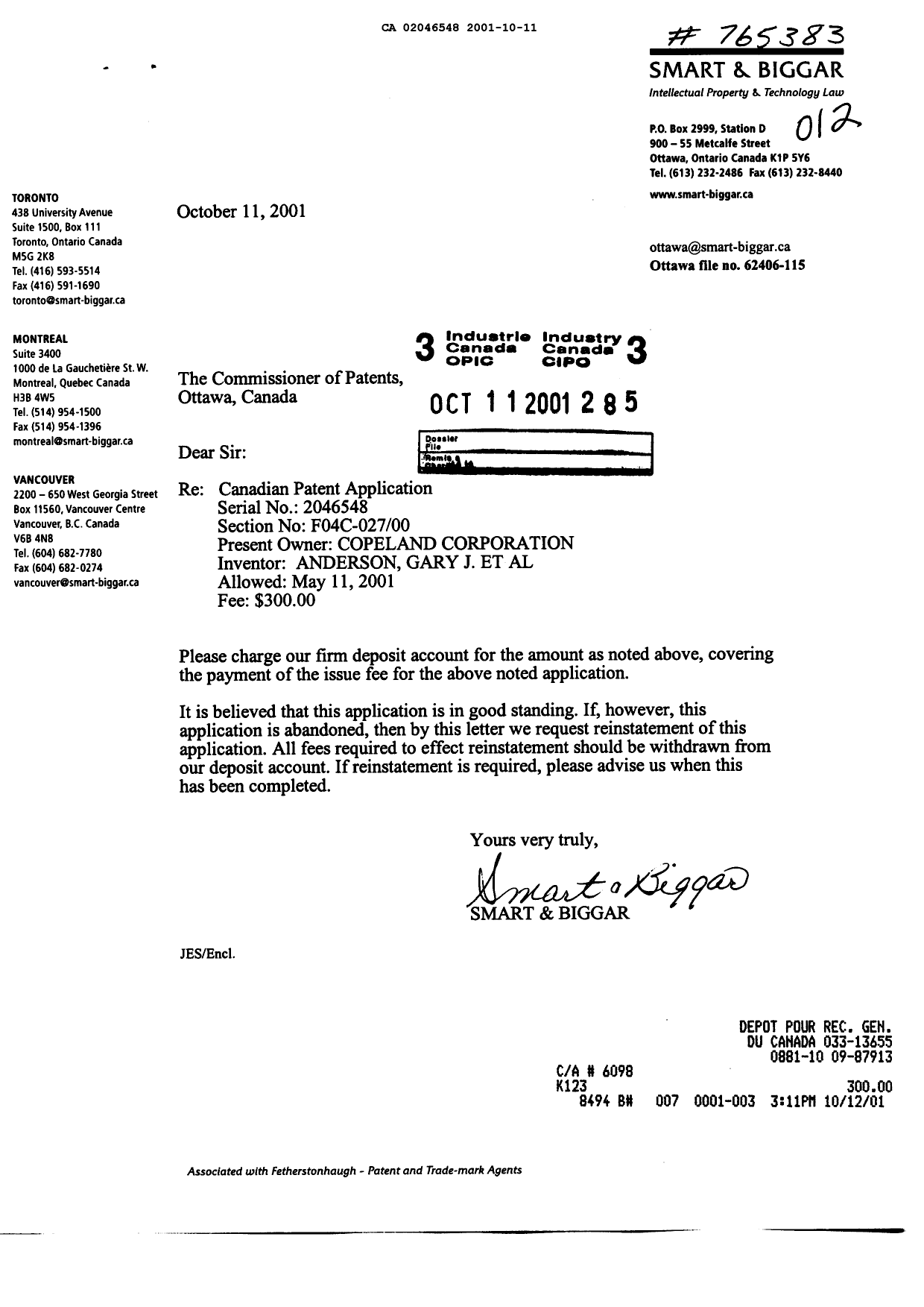Document de brevet canadien 2046548. Correspondance 20011011. Image 1 de 1