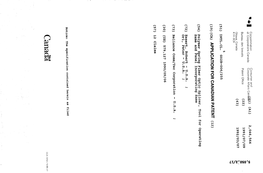 Document de brevet canadien 2046564. Page couverture 19940330. Image 1 de 1