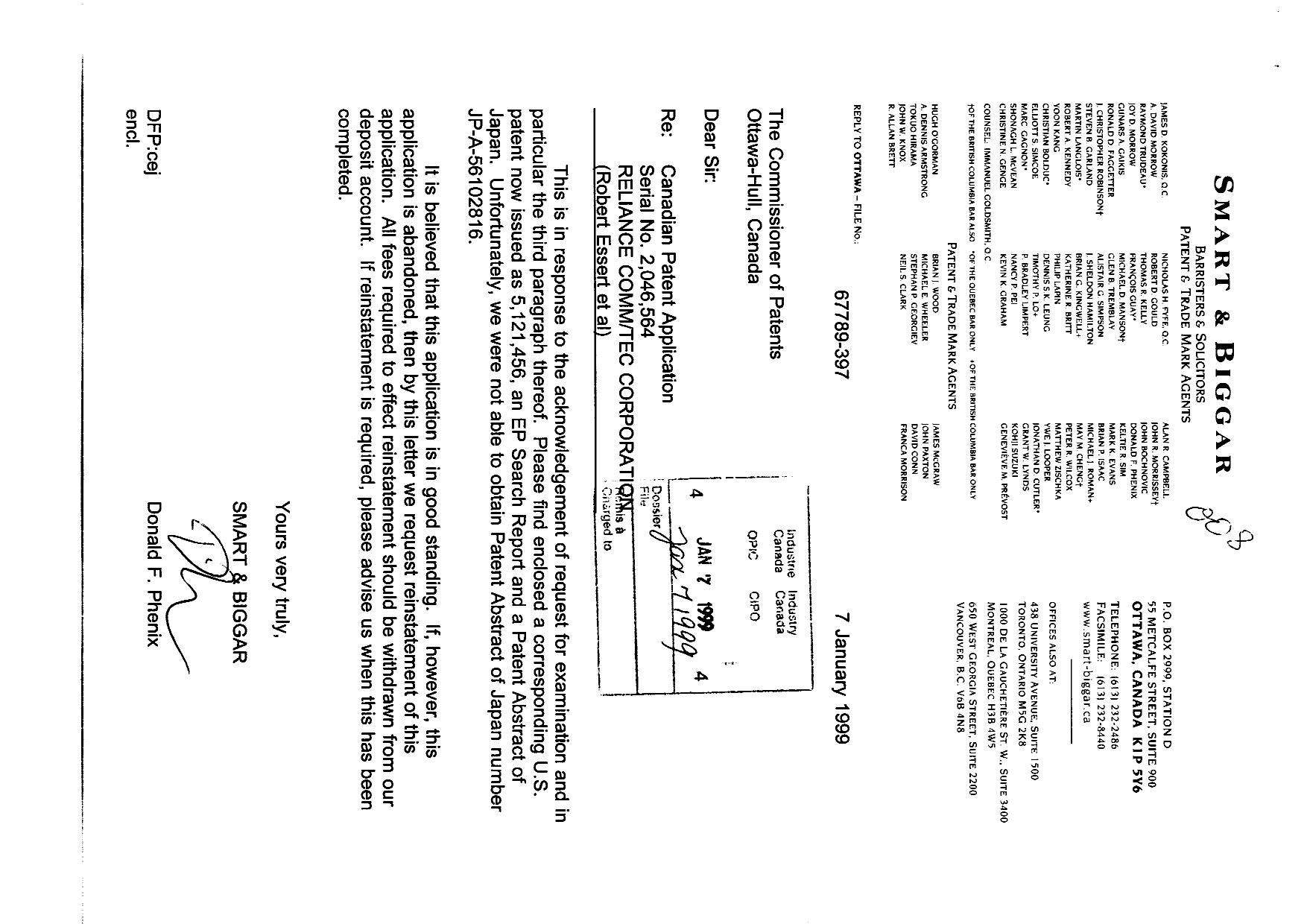 Canadian Patent Document 2046564. Prosecution-Amendment 19990107. Image 1 of 2