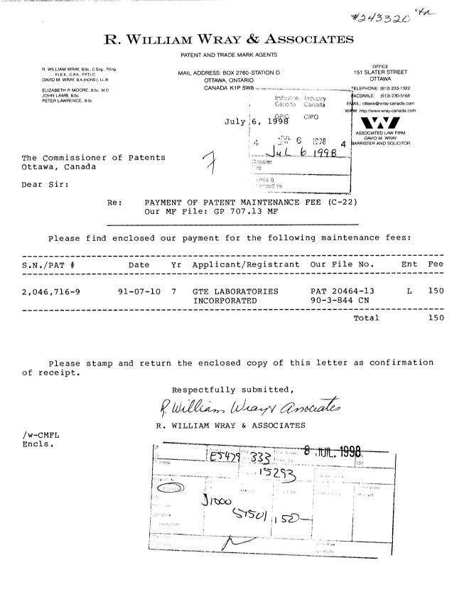 Canadian Patent Document 2046716. Fees 19980706. Image 1 of 1