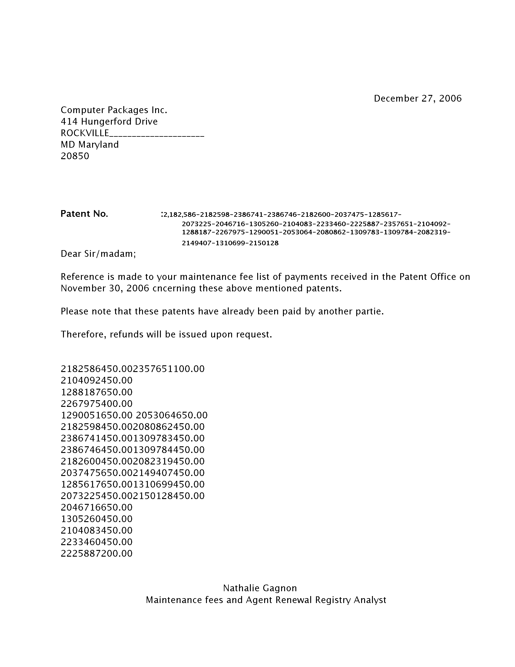 Document de brevet canadien 2046716. Correspondance 20051227. Image 1 de 2