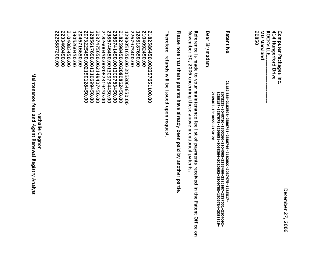 Canadian Patent Document 2046716. Correspondence 20051227. Image 1 of 2