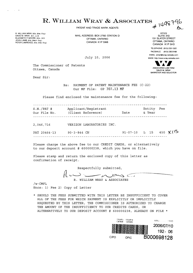 Canadian Patent Document 2046716. Fees 20060710. Image 1 of 1