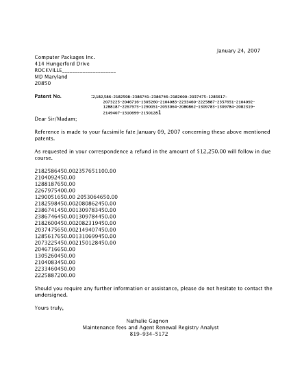 Document de brevet canadien 2046716. Correspondance 20070130. Image 1 de 2