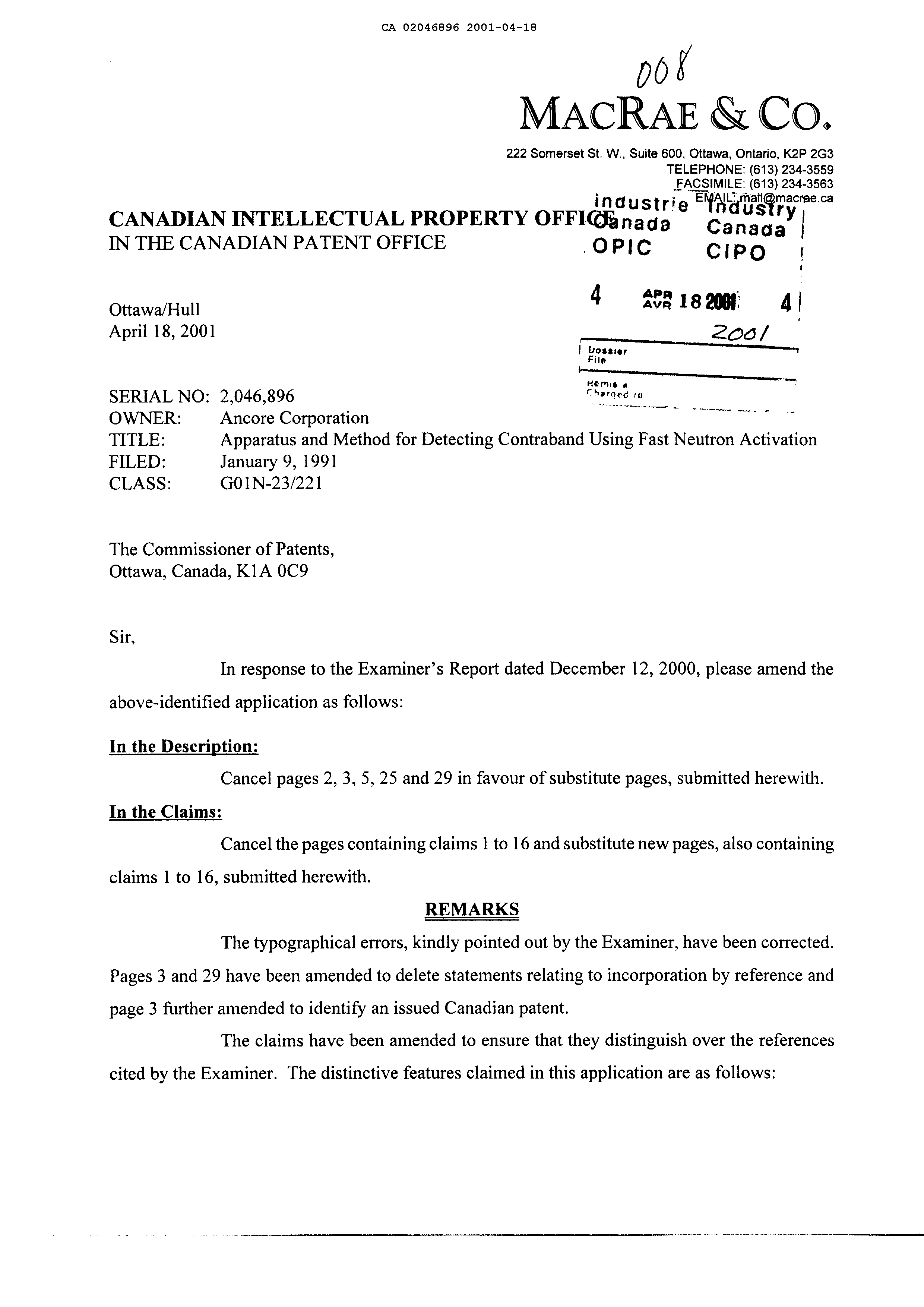 Document de brevet canadien 2046896. Poursuite-Amendment 20010418. Image 1 de 10