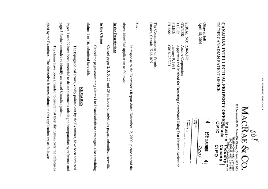 Document de brevet canadien 2046896. Poursuite-Amendment 20010418. Image 1 de 10