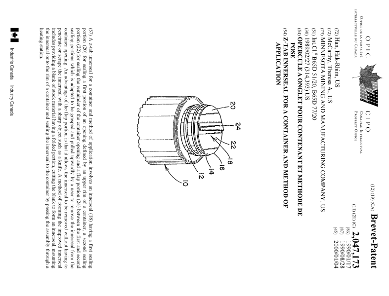 Document de brevet canadien 2047173. Page couverture 19991215. Image 1 de 1