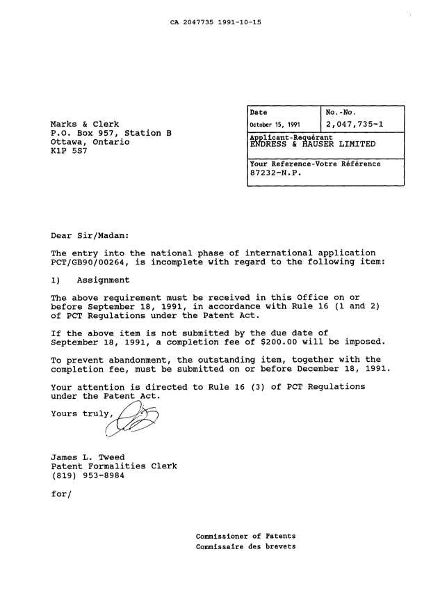 Canadian Patent Document 2047735. Office Letter 19911015. Image 1 of 1