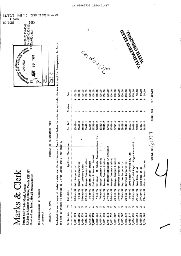 Canadian Patent Document 2047735. Fees 19940117. Image 1 of 1