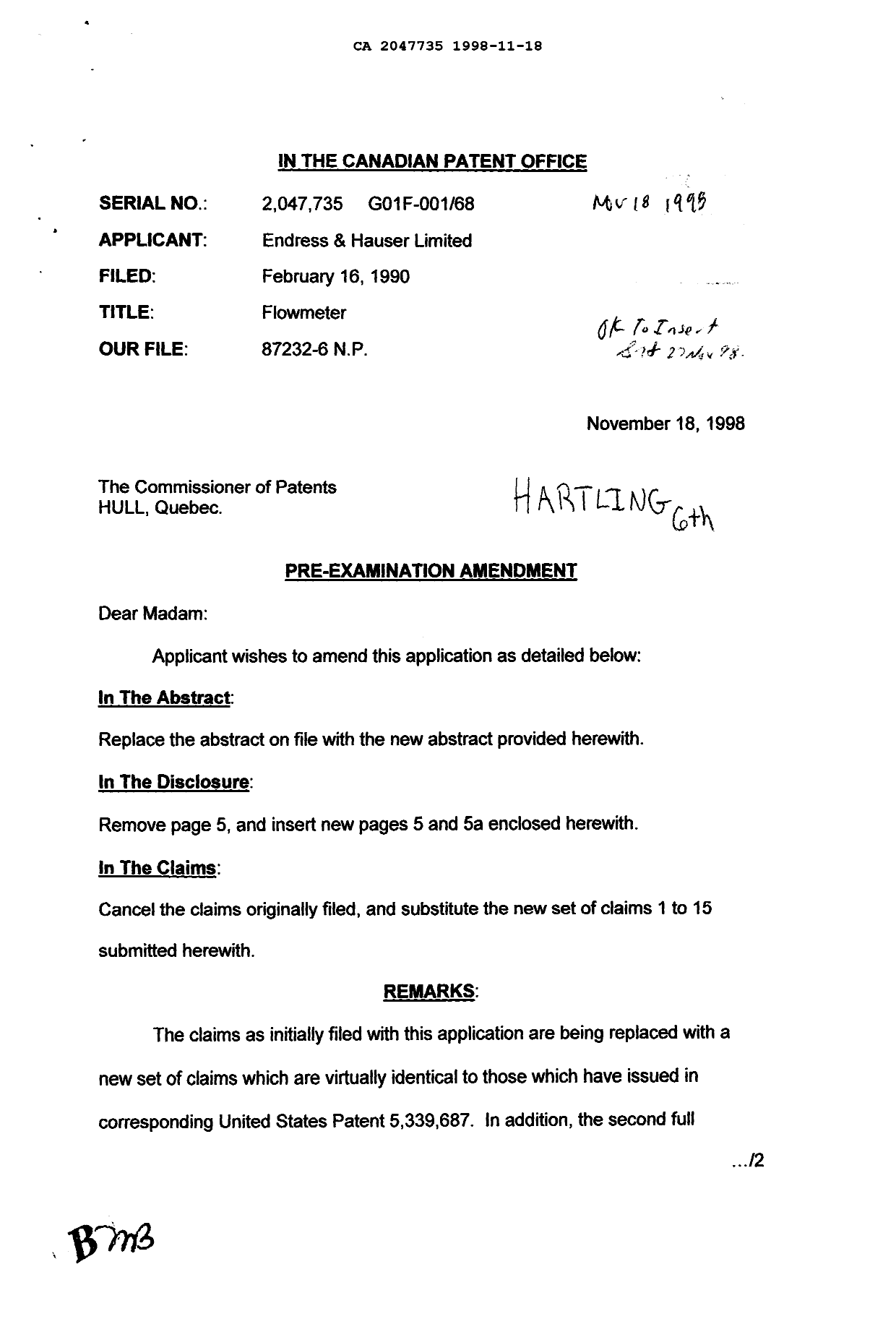 Document de brevet canadien 2047735. Correspondance de la poursuite 19981118. Image 1 de 2