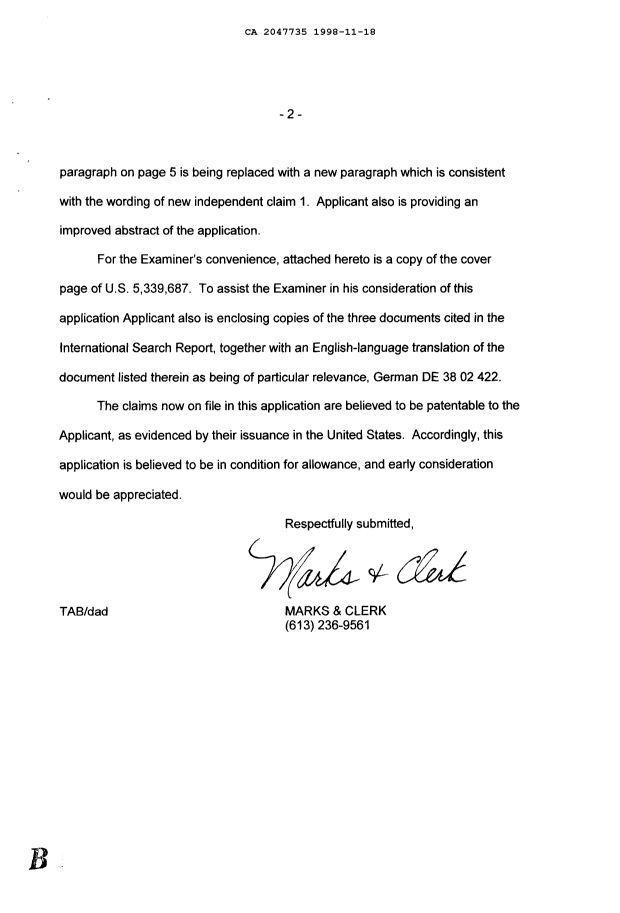 Document de brevet canadien 2047735. Correspondance de la poursuite 19981118. Image 2 de 2