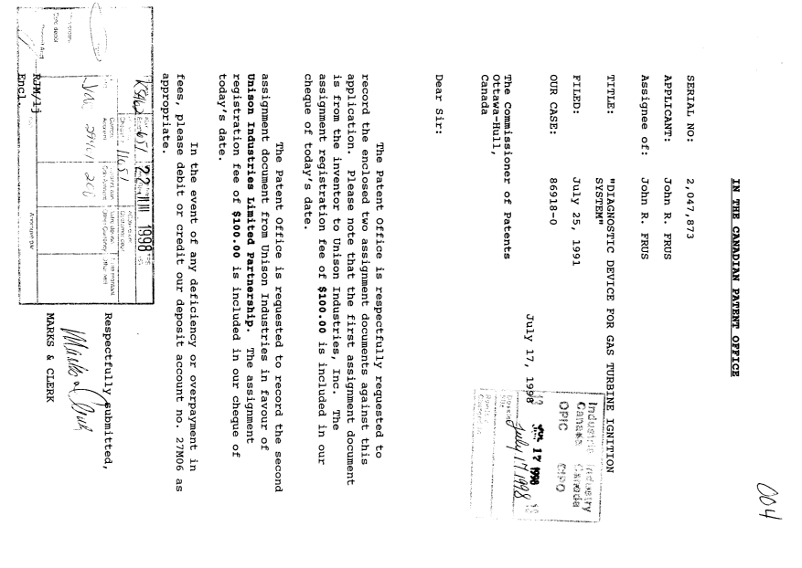 Canadian Patent Document 2047873. Assignment 19980717. Image 1 of 9